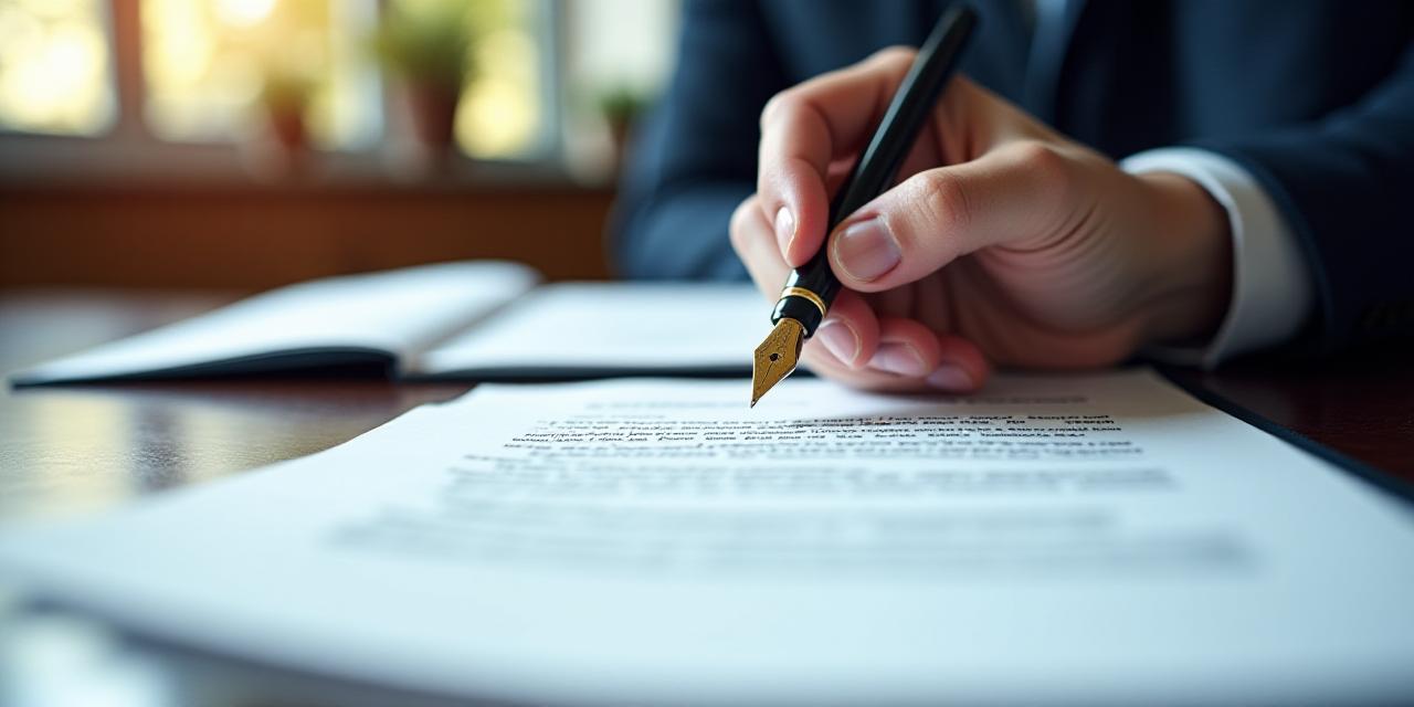 Close-up of a legal professional reviewing a complex commercial contract with a focus on detail