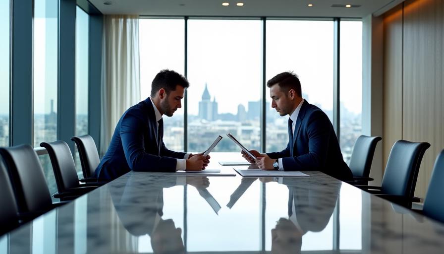 Two professionals discussing a contract in a premium London office with high-end furniture